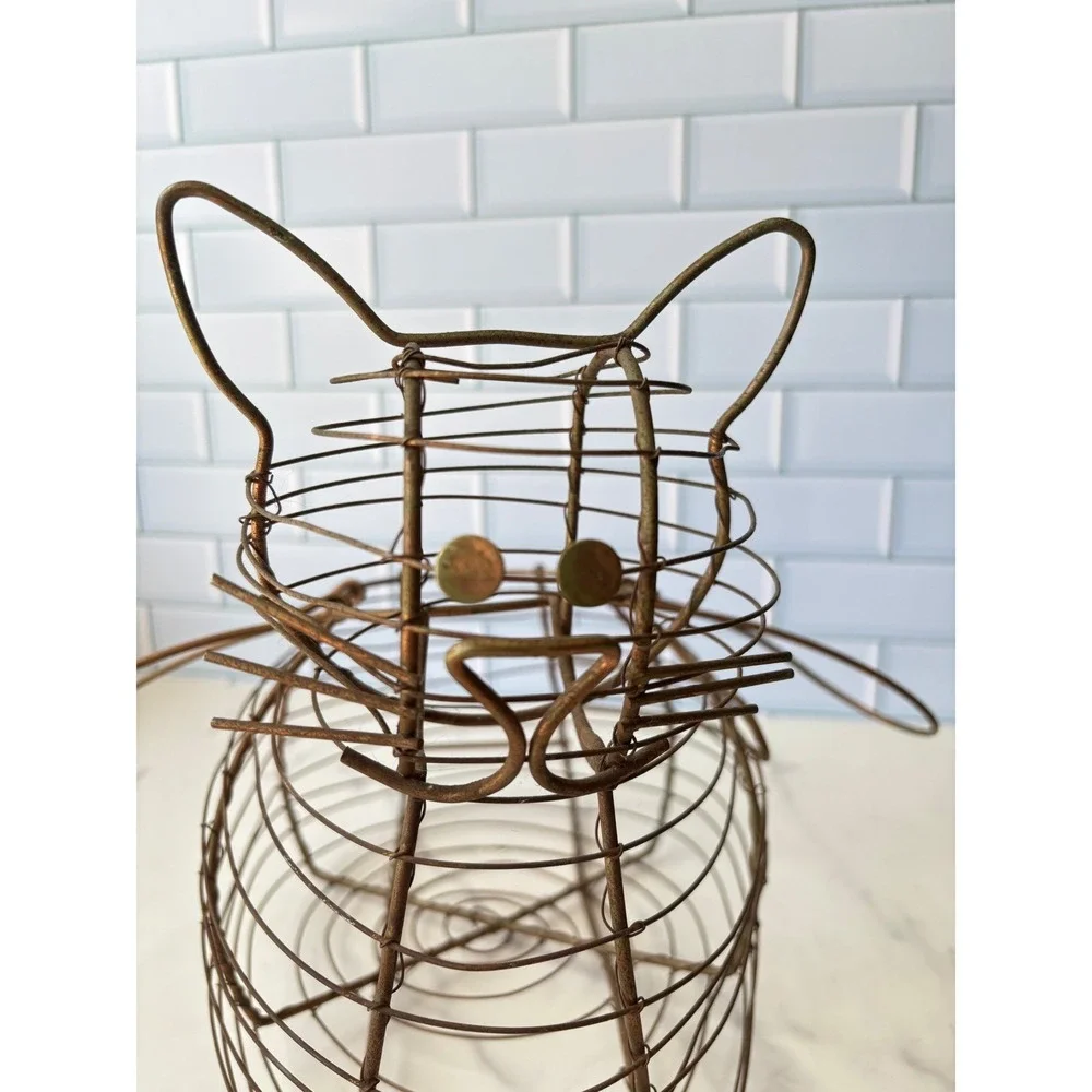 Vintage Wire Cat Egg Basket Copper Tone Metal Farmhouse Kitchen Decor